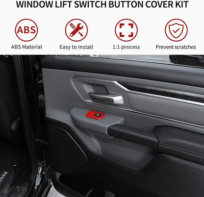 Window Lift Switch Cover Interior Button Trim Kit Compatible with 2018-2025 Dodge RAM (Red)