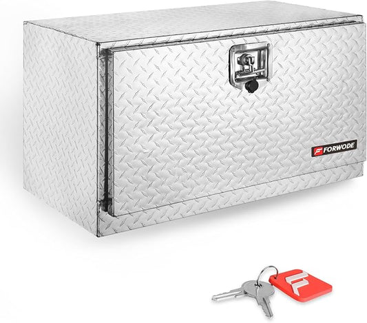 FORWODE 30x17x18 Inch Underbody Truck Tool Box Aluminum Trailer Tool Box with Lock & Foldable T-Handle Waterproof Truck Storage Box for Pickup Truck, Trailer, RV, ATV, Indoor（SILVER）