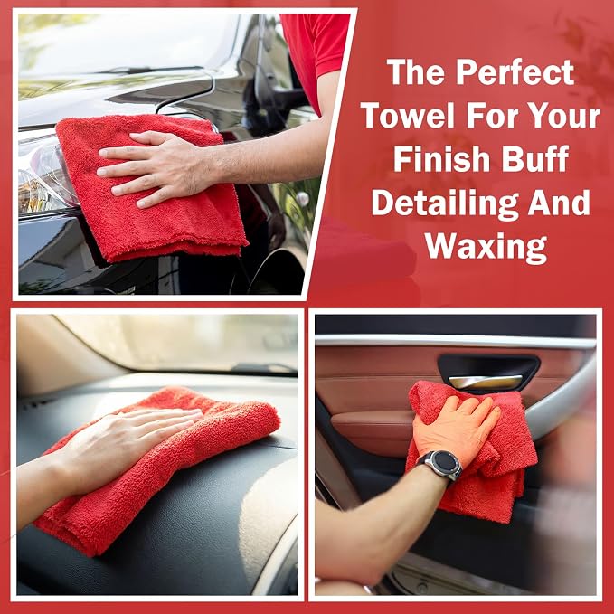 Tallew 15 Pcs Car Microfiber Towels Buffing Drying Wash Cleaning Cloths Plush Large Towels Thick Care Polishing Detailing Waxing Scratch Proof Towel, 15.75 x 15.75 Inch (Red)