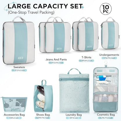 OlarHike 10-Pack Compression Packing Cubes for Travel Essentials,Compressible Expandable Packing Cubes for Suitcase,Luggage Garment Bags for Travel,Handy Helper for Organizing Clothes(Blue Gray)