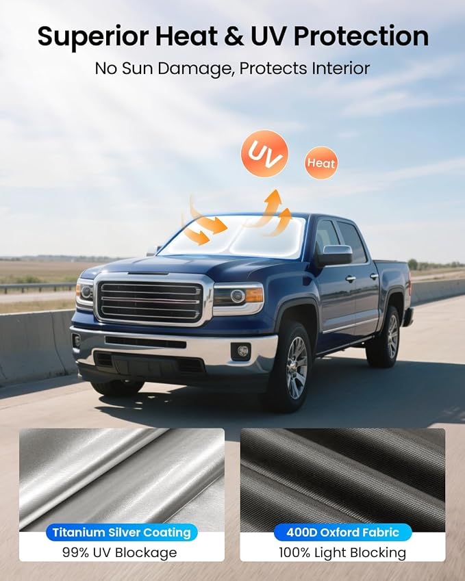 REEVAA Upgraded for GMC Sierra 1500 2500 3500 (2019-2026) Windshield Sunshade [Tailored Fit, 99% Sun Protection] Foldable Sun Shade Car Accessories with Storage Bag
