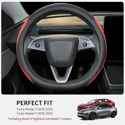 Uxcer Nappa Leather Steering Wheel Cover for Tesla Model 3/Y 2016-2025 2026 Juniper/Highland, Non-Slip Breathable Tesla Model 3/Y Steering Wheel Protector, Red