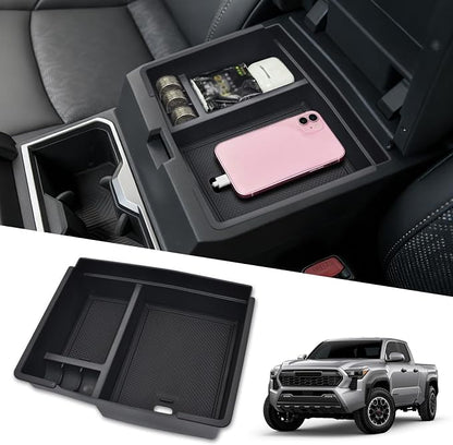 Center Console Organizer Tray fits 2024-2026 Toyota Tacoma Accessories, ABS Plastic & Anti-Slip Rubber Storage Box with Charging Hole for Tacoma Interior Accessories
