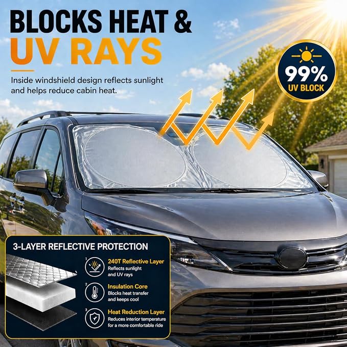 Sienna Windshield Sun Shade, Custom Fit Foldable Front Window Sunshade Visor, Reflective UV and Heat Block Interior Protector, Fits 1998–2025 Models
