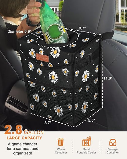 Pritent Car Trash Can with Lid, Cute Leakproof Car Trash Garbage Bag Hanging Vehicle Trash Bin Small Portable Automotive Garbage Cans Organizer for Back/Front Seat/Console(2.8 Gallons,Black Flower)