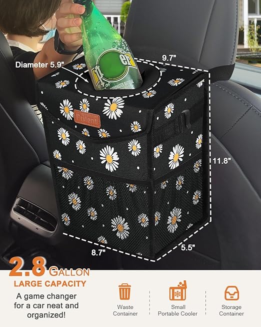 Pritent Car Trash Can with Lid, Cute Leakproof Car Trash Garbage Bag Hanging Vehicle Trash Bin Small Portable Automotive Garbage Cans Organizer for Back/Front Seat/Console(2.8 Gallons,Black Flower)