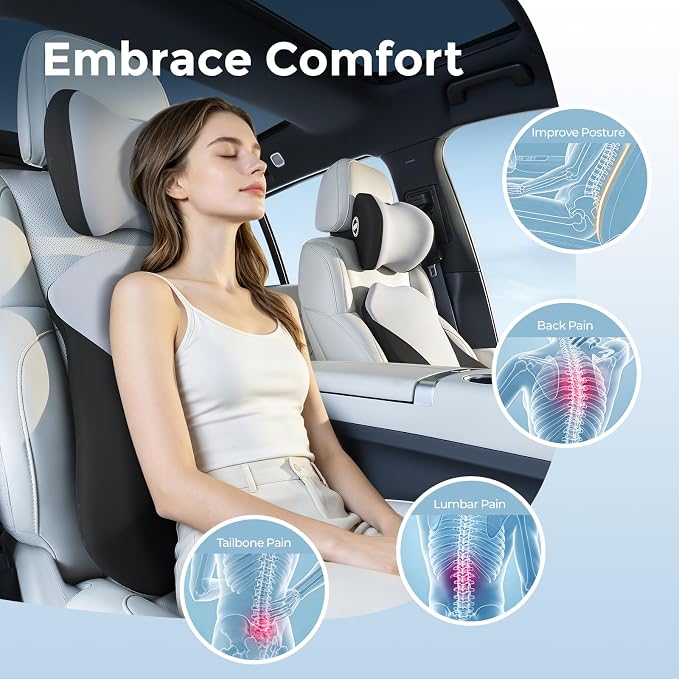 Lumbar Support Pillow for Car, Memory Foam Back Cushion for Driving Seat, Truck Accessories Travel Essentials, Back Pain Relief, Washable Cover, Plus Size Lower Back Support Fits Most Cars (Black01)