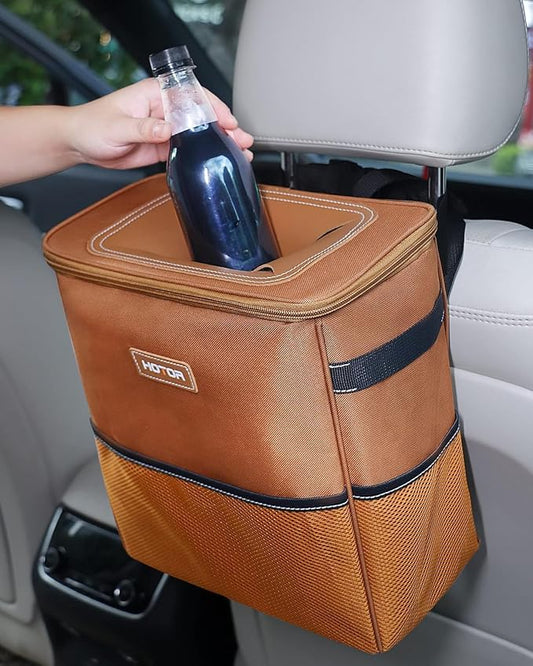 HOTOR 3 Gallons Car Trash Can, Ultra Large Capacity Organizer and Storage with Adjustable Straps & Magnetic Snaps, Waterproof Car Accessory for Interior Car Stuff Storage, Brown