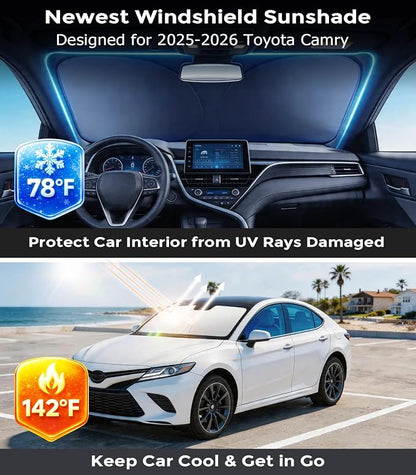 DMJN Front Windshield Sun Shade for Toyota Camry (2025-2026), [Nano Ice-Crystal Coatings] UPF50+ Heat & UV Block, Protect Car Interior & Keep Cool, Flodable Steel-Ring Car Cover for Summer