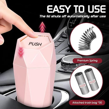 Car Trash Can with Lid, Mini Car Trash Cup with 30 Additional Trash Bags, Car Accessories for Interior, Leakproof Vehicle Garbage Bin for Car, Home, Office - 2 Packs, Pink