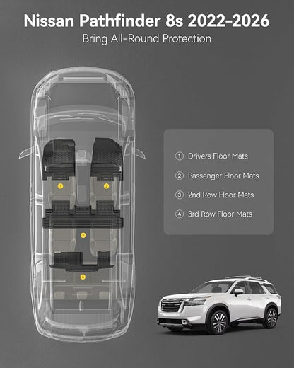 3W Floor Mats for Nissan Pathfinder 2022-2026 (Only fit 8 Passenger Models), 3 Rows,TPE All Weather Protection Car Floor Liners Accessories,Black