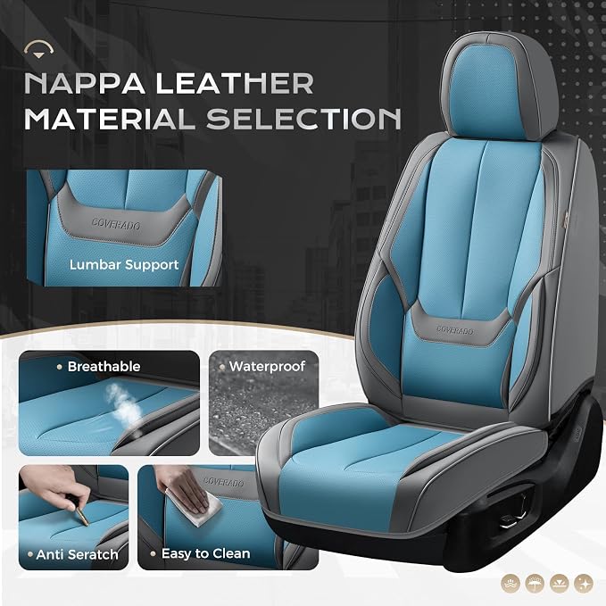 Coverado Seat Covers, Car Seat Covers Front Seats, Leather Seat Covers for Cars, Car Seat Protector Waterproof, Gray Car Seat Cushion, Front Carseat Cover Universal Fit for Most Cars Blue