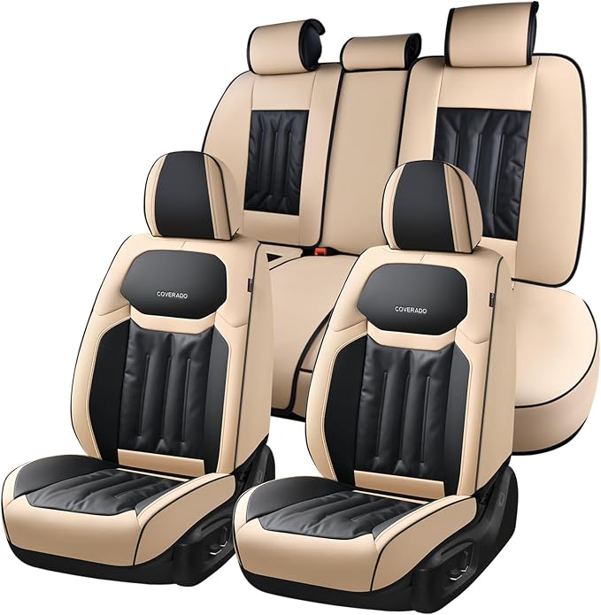 Coverado Car Seat Covers, Seat Covers for Cars 5 Seats, Full Set Car Seat Protector, Waterproof Nappa Leather Car Seat Cushion, Auto Seat Covers Universal Fit for Most Vehicles, Beige&Black