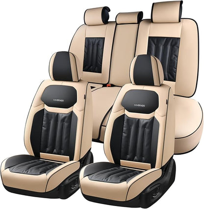 Coverado Car Seat Covers, Seat Covers for Cars 5 Seats, Full Set Car Seat Protector, Waterproof Nappa Leather Car Seat Cushion, Auto Seat Covers Universal Fit for Most Vehicles, Beige&Black