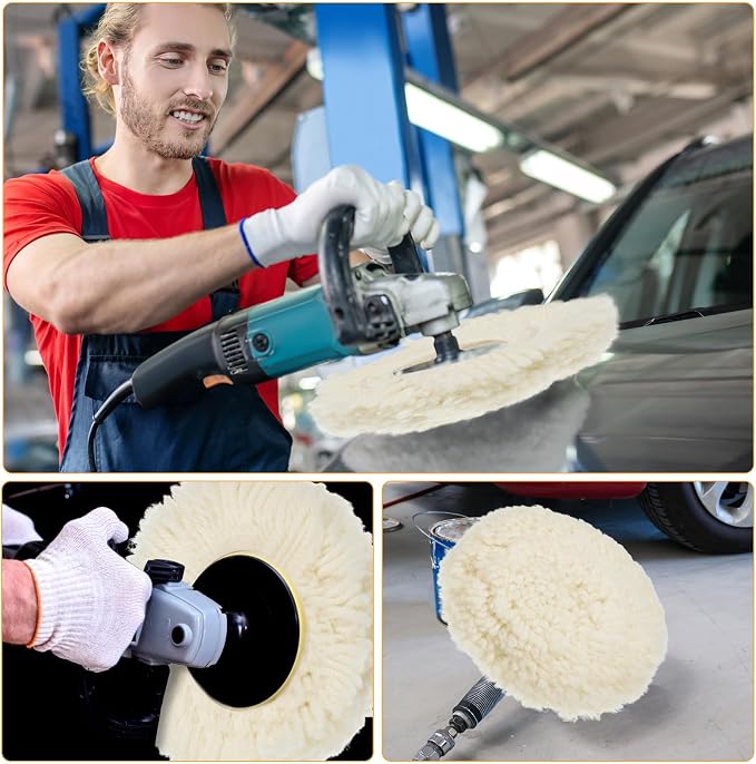 Tallew 6 Pcs 8 Inch Wool Polishing Pad Hook Loop Buffing Pad for Drill Curved Edge Compound Cutting Tool Drill Polisher Attachment Wheel Polish Kit Car Body Repair Buffing