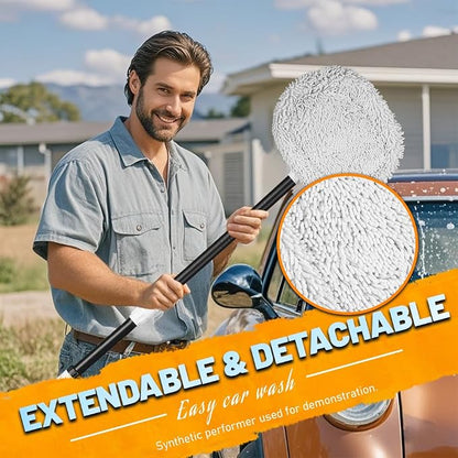 Car Wash Brush with Long Handle, Chenille Microfiber Car Wash Mop Kit, Scratch Free Car Cleaning Supplies with Ergonomic 15掳 Curved Extension Pole for RV Truck Boat Windshield - White