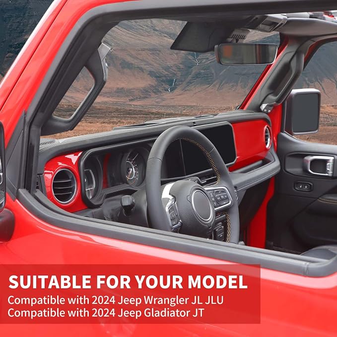 Center Console Dashboard Decorative Panel Trim Cover Kit Compatible with 2024-2026+ Jeep Wrangler JL JLU & Jeep Gladiator JT(Red)