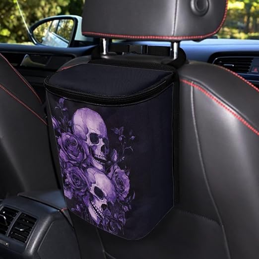 Purple Skull Roses Pattern Car Trash Can with Lid and Zipper Portable Foldable Trash Bin for Car Interior Accessories Multipurpose Garbage Can Bags Storage Organizer Halloween Decor
