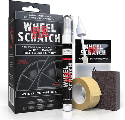 Wheel Scratch Fix® Dark Gray Touch Up Paint for Cars - DIY Alloy Wheel Repair Kit, Curb Rash Remover with Fast-Drying Pen - Long-Lasting OEM Finish Car Rim Paint for Scuffs and Chips at Home (Satin Dark Gray)
