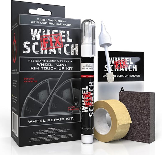 Wheel Scratch Fix® Dark Gray Touch Up Paint for Cars - DIY Alloy Wheel Repair Kit, Curb Rash Remover with Fast-Drying Pen - Long-Lasting OEM Finish Car Rim Paint for Scuffs and Chips at Home (Satin Dark Gray)