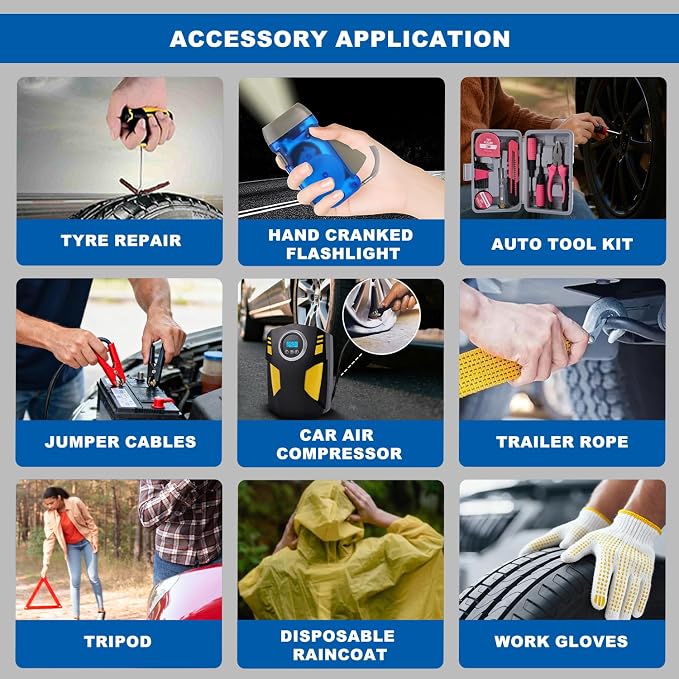 All-in-One Car Emergency Kit with Digital Tire Inflator, Jumper Cable, Tow Strap, Reflective Triangle, First Aid Kit, Hand Crank Flashlight, and Repair Tools for Roadside Safety (Blue)