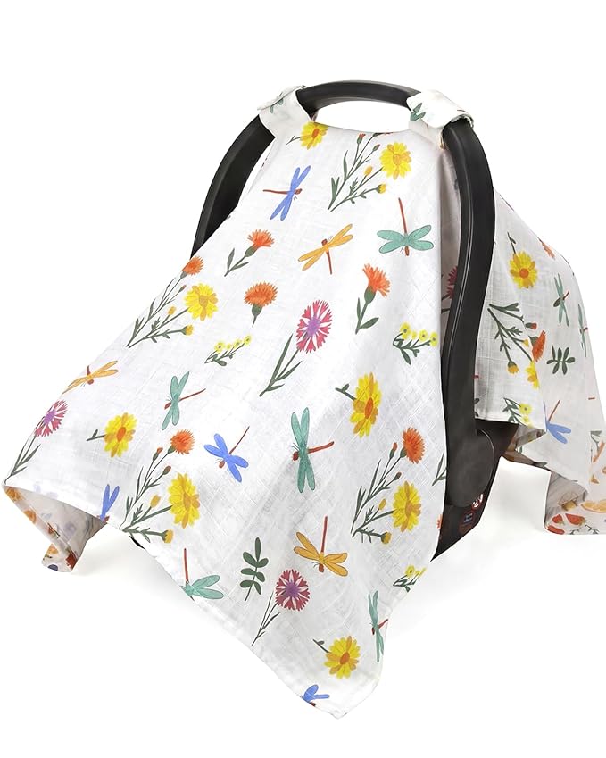 Rquite Infant Car Seat Cover for Babies Girls, 100% Muslin Cotton Carseat Canopy, Breathable Stroller Sun Shade, Baby Shower Gift & Newborn Essentials, Universal Fit Summer & Hot Weather (Floral)