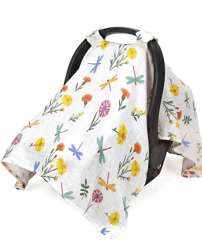 Rquite Infant Car Seat Cover for Babies Girls, 100% Muslin Cotton Carseat Canopy, Breathable Stroller Sun Shade, Baby Shower Gift & Newborn Essentials, Universal Fit Summer & Hot Weather (Floral)