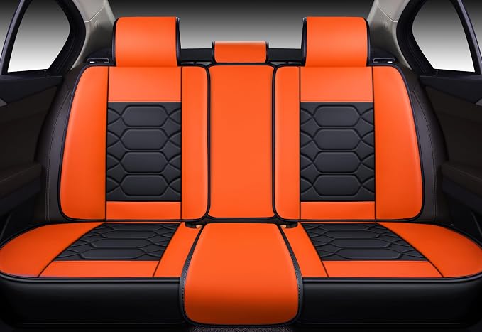 OASIS AUTO Car Seat Covers Full Set, Sporty Faux Leather with Honeycomb Pattern, Waterproof Universal Fit for SUV, Sedan, Pick-up Truck, Automotive Interior Accessories (OS-004 Black&Orange)