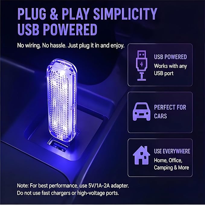 USB Car Interior Lights 2 Pack, RGB Ambient LED Car Lights with 7 Colors, 3 Lighting Modes & Touch Control, Plug-and-Play USB Mood Light for Cars, Trucks, SUVs, Bedroom, Desk, Gaming Room