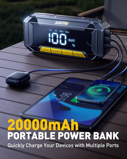 AUXITO 8000A Portable Jump Starter for All Gas/12L Diesel, 20000mAh Car Battery Booster Jump Pack, Jump Box for Car with 60W Fast Charging, LCD Screen Display, 700LM LED Light