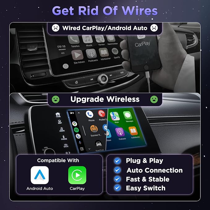 MSXTTLY 2in1 Wireless Carplay Adapter Android Auto Wireless Adapter, Mini USB Small Dongle Fast Auto Connect, Car Play Adapter for Apple iPhone iOS & Android 11+, OEM Wired Car Model 2017+(Black)