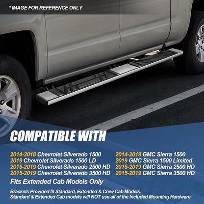 Auto Dynasty Running Boards Compatible with 2014-2019 Chevy Silverado GMC Sierra 1500 LD 2500HD 3500HD Extended Cab, Stainless Steel Side Step Rail Nerf Bars, 6.5" Step Bars, Polished
