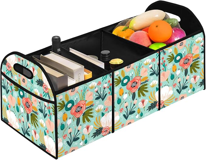 Flower Car Trunk Organizer Storage Box Collapsible Non-Slip Automotive Organizer Vehicle Organization