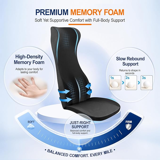 2 Piece Car Seat Cushion Set: 3-in-1 Memory Foam Driver Seat Cushion, Integrated Lumbar Support with Headrest Pillow for Pain Relief, Back Support with Neck Pillow for Car, Truck, SUV - Black