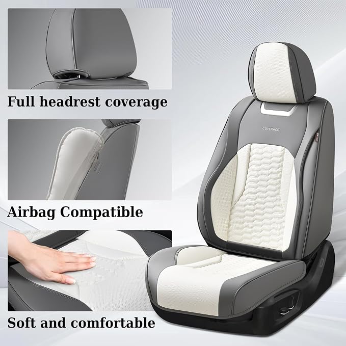Coverado Seat Covers for Cars, Luxury Leather Seat Covers Full Set, Waterproof Automotive Seat Covers Protector Universal Fit for Most Sedans, SUVs, Pick-up Trucks(Gray&White)