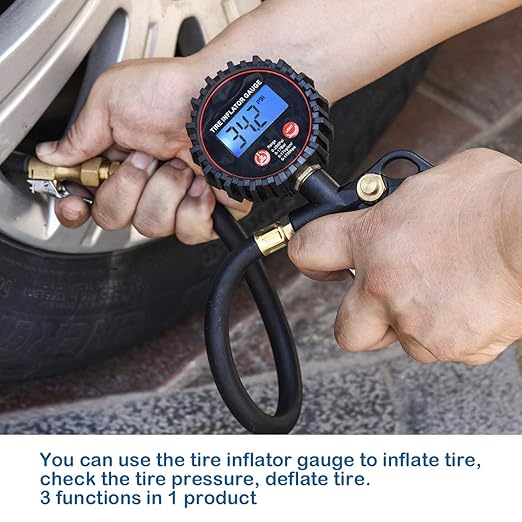 CZC AUTO Digital Tire Inflator Pressure Gauge, LED Display Tyre Deflator Gage with Straight Brass Lock-on Chuck Rubber Hose, Compatible with Air Pump Compressor for Truck Bus RV Car Motorcycle Bike