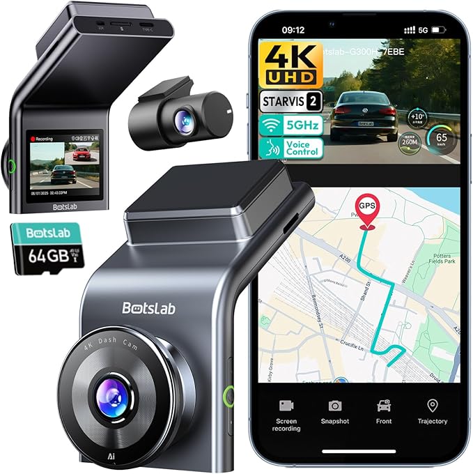 BOTSLAB 4K Dash Cam Front and Rear, STARVIS 2 Sensor, Voice Control, 64GB Card Included