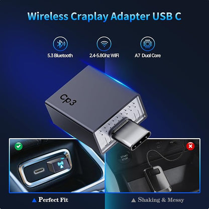 Wireless CarPlay Adapter for iPhone 2026 Upgrade - Stable Connection Convert Wired to Wireless Compatible with Cars 2018+, iOS 10+ (USB-C)