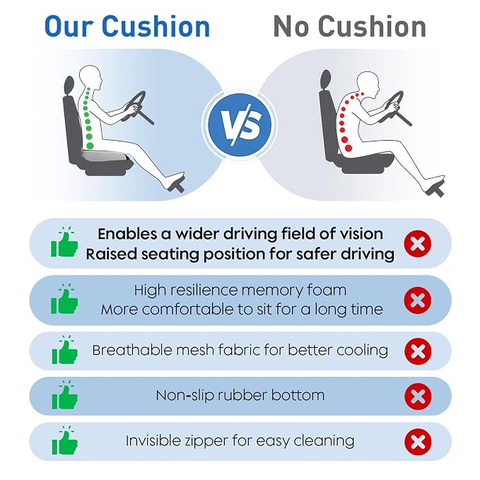 Adult Car Booster Seat Cushion - Memory Foam Car Seat Wedge Cushion - Coccyx Cushion for Tailbone Pain - Driver Seat 3 Inch Height Boost Cushion - for Cars, Trucks, Home & Office Chairs, Grey