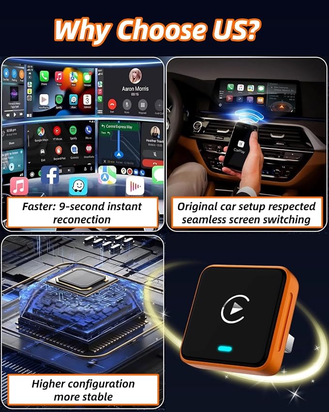 Wireless CarPlay Adapter 2026 Upgraded – No More Cables, Plug & Play Auto Connect, Bluetooth 5.3 Low Latency for Navigation & Music, 2-in-1 for Apple & Android, Wide Vehicle Compatibility USB & USB C