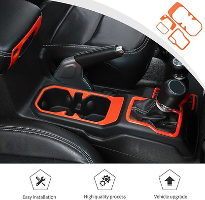 for JL 4WD Shift Knob Gear Shift Bezel Front Cup Holder Center Armrest Switch Lock Hole Cover Trim Kits Fit for 2018-2024+Jeep Wrangler JL JLU Gladiator JT Interior Accessories 4pcs Orange(AT)