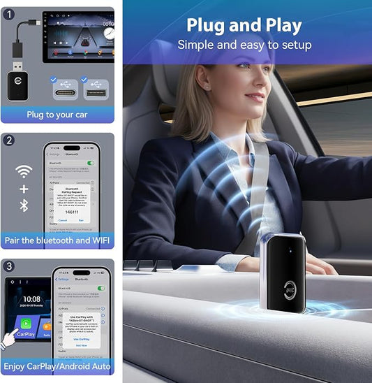 CZOCPOS 2-in-1 Wireless CarPlay Adapter, Plug and Play USB Dongle Support CarPlay and Android Auto, Mini Size, Inky Black