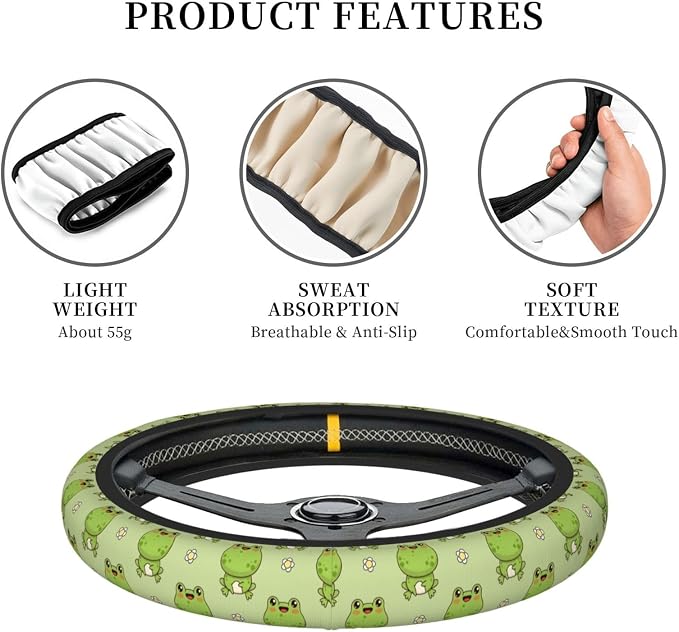 Cute Frog Steering Wheel Cover for Women,Universal Auto Steering Wheel 14-15 Inch Car Interior Accessories with 2PCS Car Coasters,Suitable for Men and Women