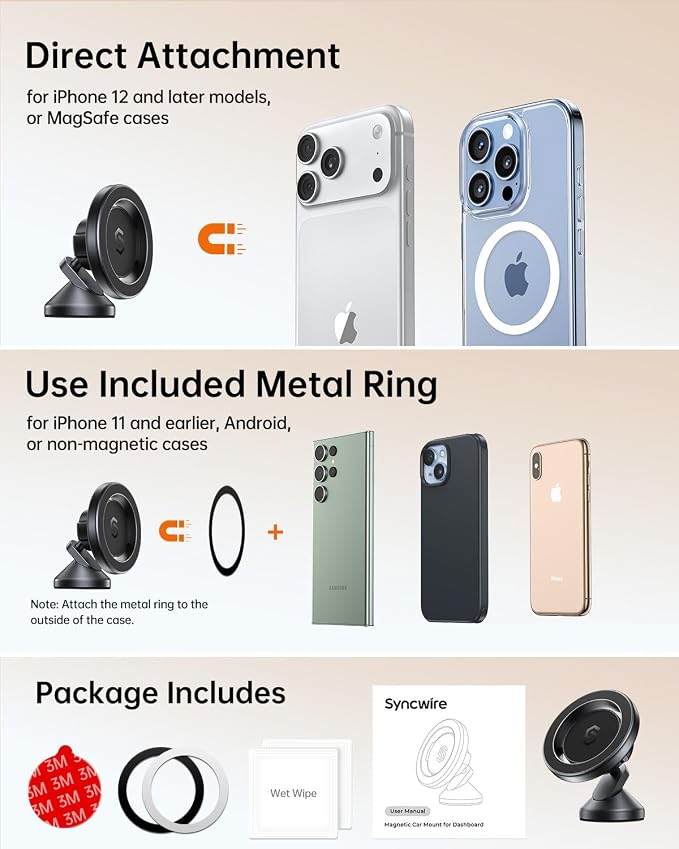 SYNCWIRE MagSafe Car Mount, Magnetic Car Phone Holder for Car Dashboard, 360° Rotating Strong Magnet Phone Mount with 3M VHB Adhesive, Compatible with iPhone 17/16/15/14/13/12 & MagSafe Cases