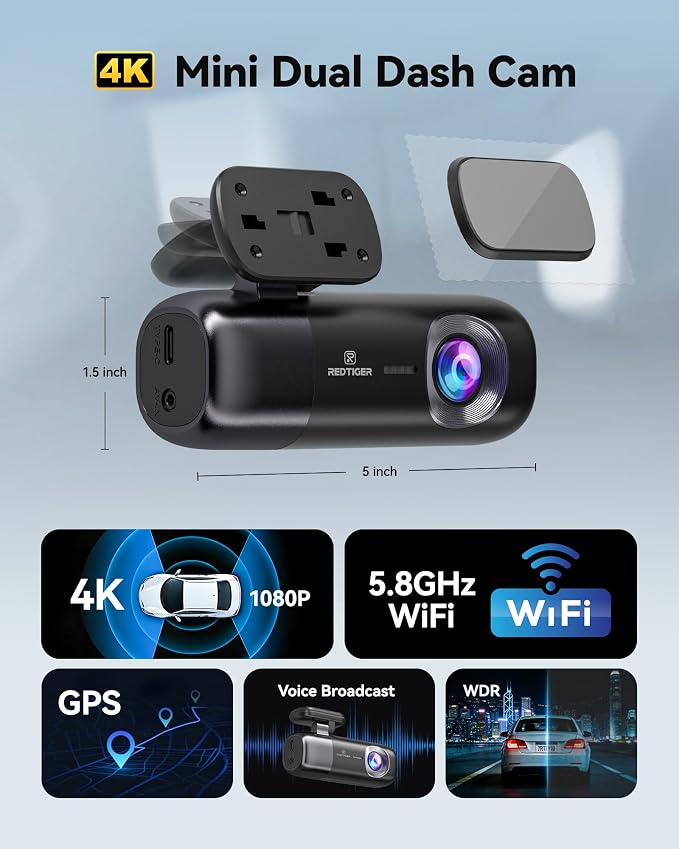 REDTIGER F9 Dash Cam 4K Front and Rear 1080P, 5.8GHz WiFi GPS Car Camera with APP Control, Dual Dash Camera for Cars, Loop Recording, WDR Night Vision, Parking Mode(SD Card Not Included)