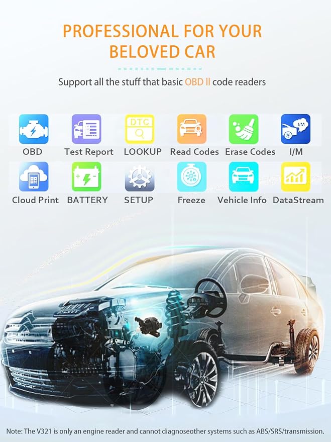 OBD2 Scanner - Car Code Reader Diagnostic Tool for Check Engine Light, Fault Code Reader & Reset, Real-Time Data, Voltage Test, EVAP & I/M Readiness for All OBD II Cars Since 1996 OBD2 V321