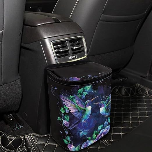 Talayituse Hummingbird Floral Print Car Trash Bin, Large Size Auto Trash Can Adjustable Portable Garbage Can with Lid, Vehicle Hanging Bag for Headrest Front Back Seat