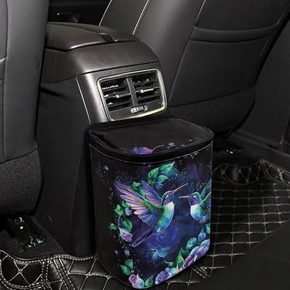 Talayituse Hummingbird Floral Print Car Trash Bin, Large Size Auto Trash Can Adjustable Portable Garbage Can with Lid, Vehicle Hanging Bag for Headrest Front Back Seat