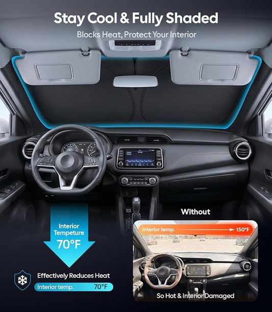 for Nissan Kicks Windshield Sunshade [OEM Design, 100% Sun Blockage] Foldable Heat Insulation Sun Shade with Storage Bag, for Nissan Kicks (2018-2026), Silver Coating