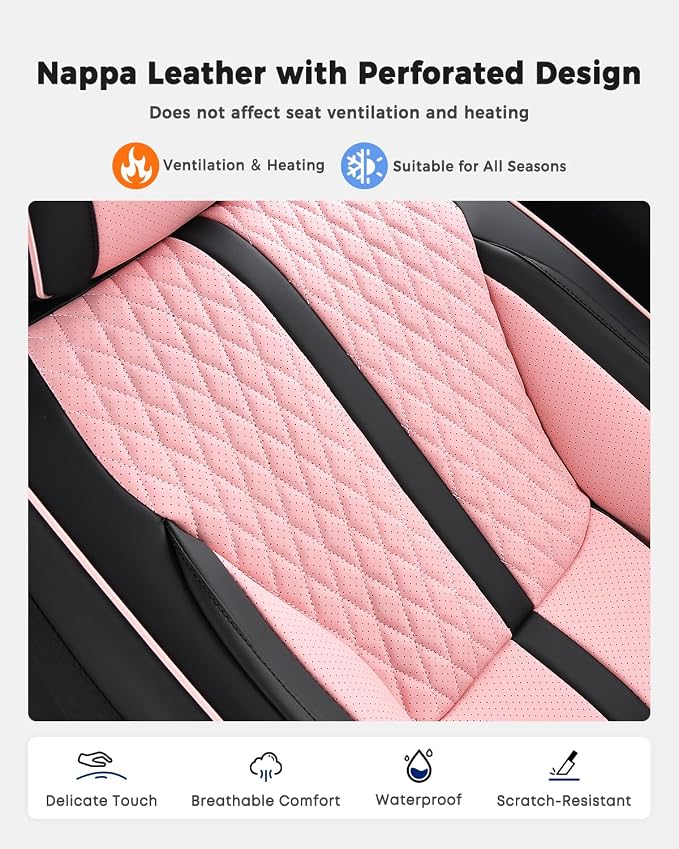Huidasource Seat Covers Full Set, Luxury Nappa Leather Seat Covers with Velcro Adjustable, Airbag, Lumbar Support, Cooling ＆ Heating, Pink Car Seat Covers Fit for Most Cars SUV Trucks, Black＆Pink